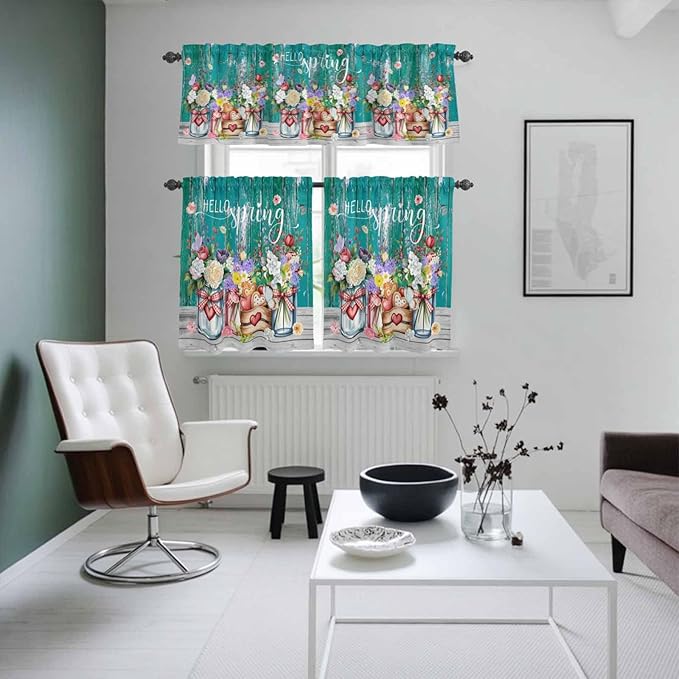 Spring Flowers Kitchen Curtains Set 3 Piece for Windows, Rod Pocket Valance and Tier Set 24 Inch Length, Farmhouse Watercolor Teal Wood Grain Light Filtering Cafe Curtains for Living Room Bathroom