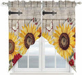 Red Yellow Sunflowers Swag Valances for Windows, Retro Rustic Barn Doors Butterfly Brown Rod Pocket Kitchen Curtains Valance, Small Window Curtains Swag for Cafe Living Room, 2 Panels, 28x36 inch
