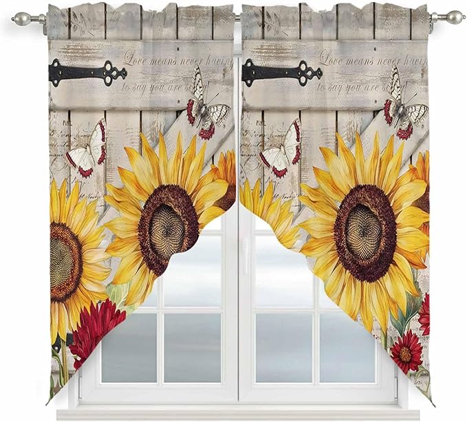 Red Yellow Sunflowers Swag Valances for Windows, Retro Rustic Barn Doors Butterfly Brown Rod Pocket Kitchen Curtains Valance, Kitchen Window Curtains Swag for Cafe Living Room, 2 Panels, 36x45 inch