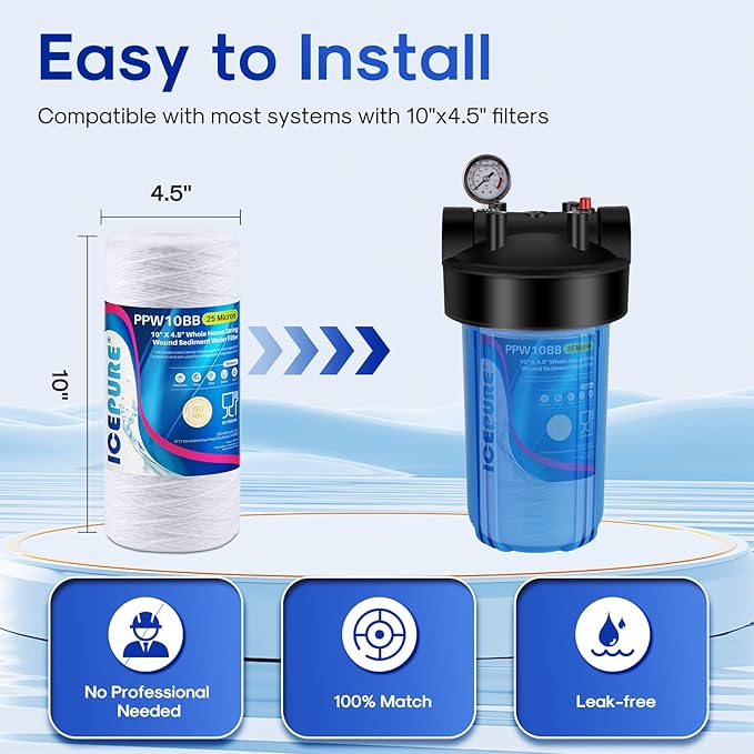 ICEPURE 25 Micron 10”x4.5'' Whole House Sediment String Wound Water Filter Replacement filter for 84637, WPX5BB97P, PC10, 355214-45, 355215-45, WP10BB97P, WP5BB97P, 4PACK