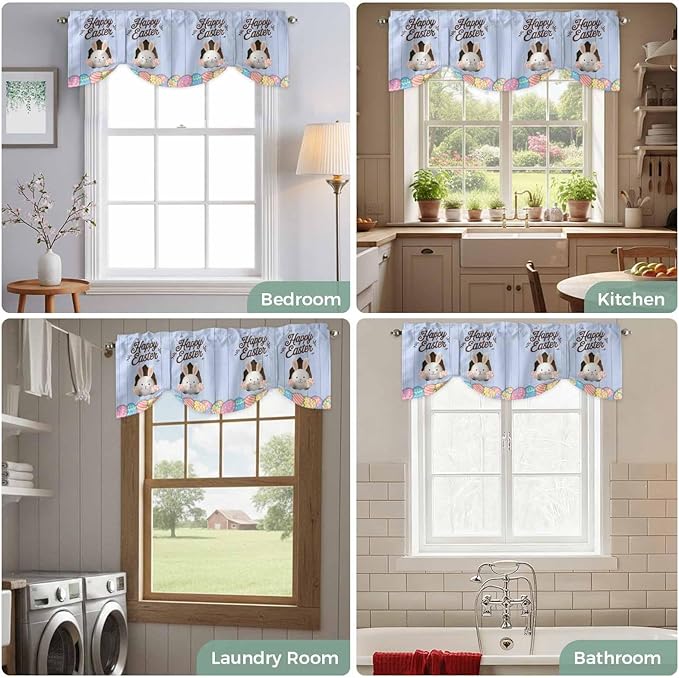 Blue Easter Tie Up Valance Curtains for Windows, Kitchen Curtains Window Shades, Spring Cartoon Bunny Colorful Eggs Wood Grain Light Filtering Roman Curtain Valances for Bedroom/Bathroom/Cafe 42"x12"