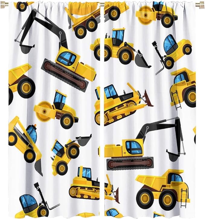 Kids Construction Equipment Window Curtains, Excavator Tractor Tow Truck Rod Pocket Decorative Windows Curtain for Children Teens Boys Girls Room Decor 42x45in (30% Blackout)