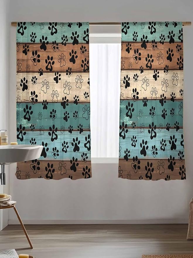Sheer Curtains 63 Inch Length, Green Brown Paw Print Semi Sheer Curtains Light Filtering Window Treatment, Vintage Farmhouse Country Wooden Grain Privacy Voile Drapes for Living Room 52x63 Inch