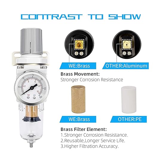 NANPU 1/4" NPT Compressed Air Filter Regulator Combo Piggyback, 5 Micron Brass Element, Poly Bowl, Semi-Auto Drain, Metal Bracket, 0-150 psi Gauge, Ball Valve