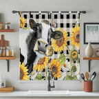 Retro Sunflowers Bathroom Curtains 63 Inch Length, Window Curtains Tab Top, Farmhouse Floral Cow Butterfly Black Plaid Light Filtering Window Treatments Drapes 52"x63" 2 Panel