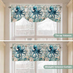 Sea Octopus Ocean Starfish Tie Up Valance Curtains,Nautical Anchor Vintage Wood Grain Kitchen Light Filtering Window Treatments with 3-inch Rod Pocket for Living Room,Bedroom,42x12In