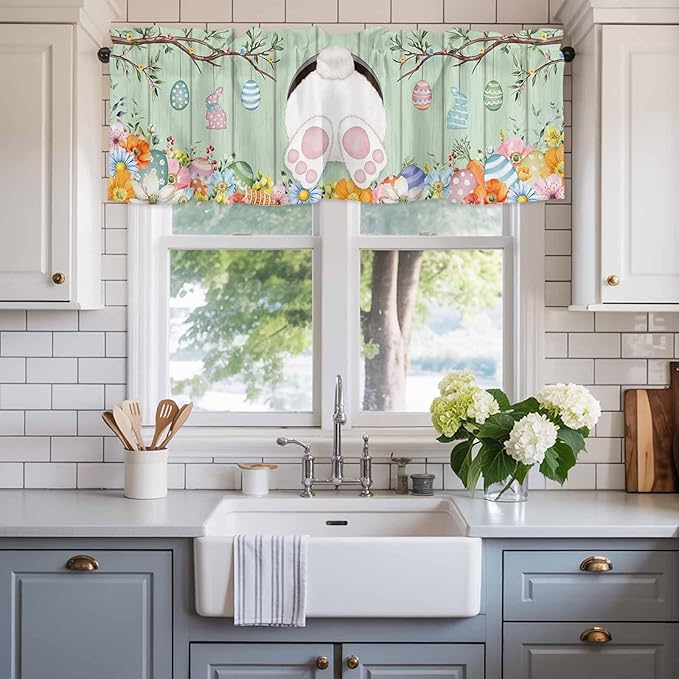 Easter Curtain Valances for Windows, Kitchen Valance Window Treatment, Spring Watercolor Bunny Eggs Wooden Grain Green Light Filtering Block Curtains for Bathroom/Bedroom/Living Room 42'' x 12''