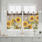 Farmhouse Sunflowers Kitchen Curtains 24 Inch Length, Small Window Curtains Tab Top, Rustic Barn Doors Flowers Butterfly Wooden Light Filtering Short Window Treatments Tier Drapes 27.5"x24" 2 Panel