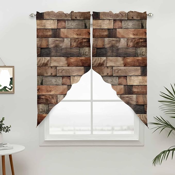 Western Barn Door Swag Valances for Windows, Vintage Farmhouses Wooden Door Brown Rod Pocket Kitchen Curtains Valance, Kitchen Window Curtains Swag for Cafe Bathroom Living Room, 2 Panels, 36x63 inch