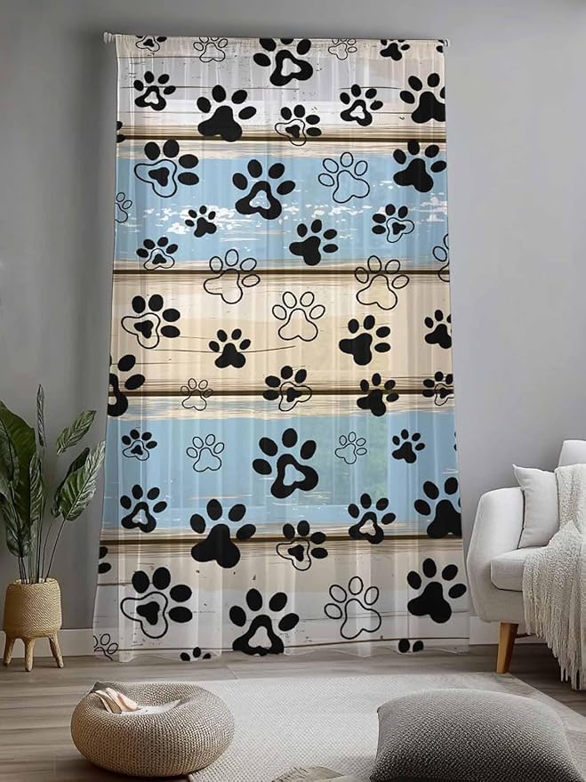 Sheer Curtains 108 Inches Long, Blue Beige Paw Print Semi Sheer Curtains Light Filtering Window Treatment, Vintage Farmhouse Rustic Wooden Grain Privacy Voile Drapes for Living Room 52x108 Inch