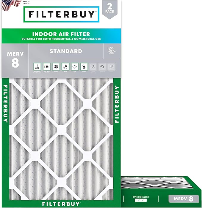 Filterbuy 18x30x2 Air Filter MERV 8 Essential Dust & Allergy Defense (2-Pack), Electrostatic Pleated HVAC AC Furnace Filters Replacement, Made in USA (Actual Size: 17.50 x 29.50 x 1.75)