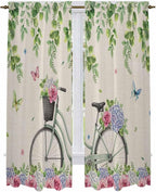 Farmhouse Spring Kitchen Curtains, Retro Bicycles Flowers Vines Butterfly Light Filtering Window Curtain Panels, 2Pcs Rod Pocket Window Treatments Set for Living Room Bathroom Bedroom 52x72 Inches