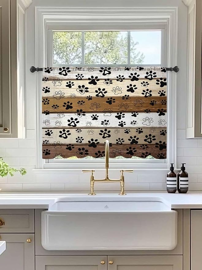 Sheer Curtains 54 Inch Length, Brown Beige Farmhouse Semi Sheer Curtains Light Filtering Window Treatment, Black Dog Paw Vintage Wooden Privacy Voile Drapes for Living Room Bedroom 52x54 Inch