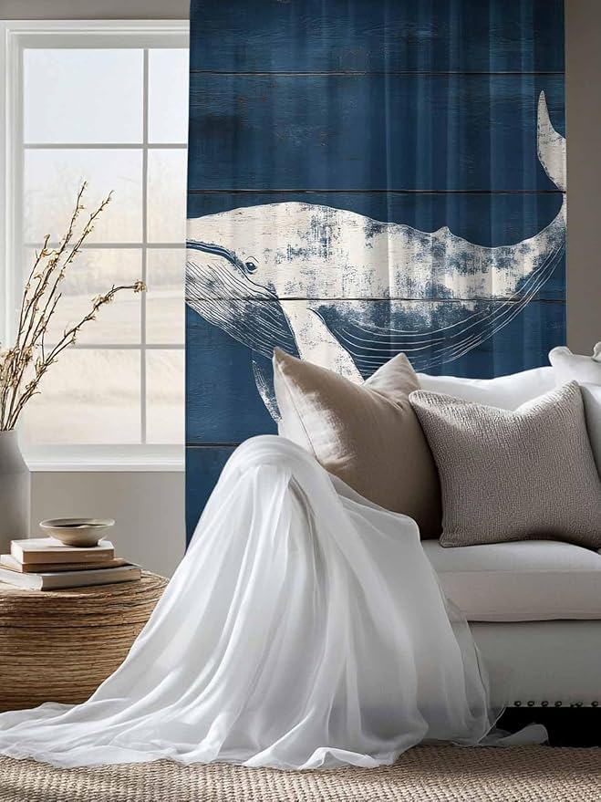 Sheer Curtains 63 Inch Length, Summer Whale Semi Sheer Curtains Light Filtering Window Treatment, Ocean Vintage Wooden Grain Blue Privacy Voile Drapes for Living Room Bedroom 52x63 Inch