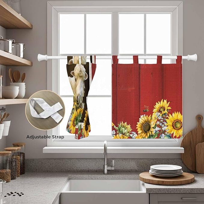Sheep Flowers Kitchen Curtains 36 Inch Length, Small Window Curtains Tab Top, Country Red Barn Botanical Sunflowers Light Filtering Short Window Treatments Tier Drapes 27.5"x36" 2 Panel