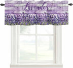 Kitchen Valances for Window, Retro Lavender on Farm Wood Grain Light Filtering Rod Pocket Valance Curtain, Watercolor Purple Flowers Short Curtains Window Topper for Bedroom Living Room 42x12in