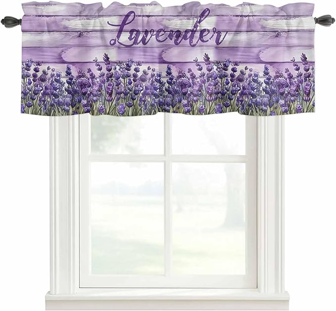 Kitchen Valances for Window, Retro Lavender on Farm Wood Grain Light Filtering Rod Pocket Valance Curtain, Watercolor Purple Flowers Short Curtains Window Topper for Bedroom Living Room 54x18in