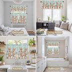 Easter Kitchen Curtains Set 3 Piece for Windows, Rod Pocket Valance and Tier Set 36 Inch Length, Spring Rabbit Colorful Eggs Flowers Wooden Grain Light Filtering Cafe Curtains for Living Room Bathroom