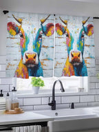 Sheer Curtains 45 Inch Length, Funny Colorful Cow Semi Sheer Curtains Light Filtering Window Treatment, Retro Rustic Oil Painting Wood Grain Privacy Voile Drapes for Living Room Bedroom 52x45 Inch