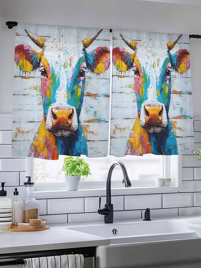 Sheer Curtains 45 Inch Length, Funny Colorful Cow Semi Sheer Curtains Light Filtering Window Treatment, Retro Rustic Oil Painting Wood Grain Privacy Voile Drapes for Living Room Bedroom 52x45 Inch