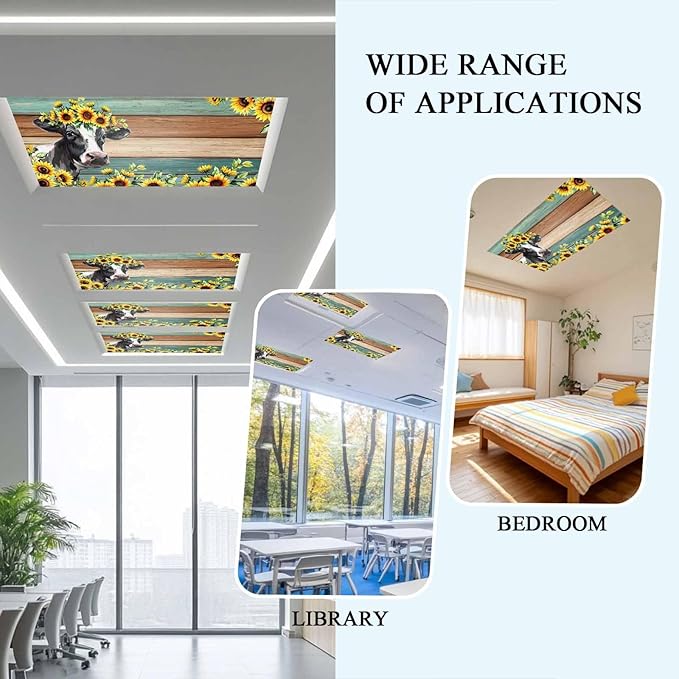 Fluorescent Light Covers Farm Cow Sunflower Magnetic Light Filters Vintage Blue Green Wood Grain Ceiling Light Covers for Classroom Office Home Drop Ceiling Lamp Decor 3 Pieces