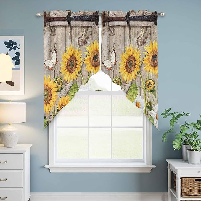 Farmhouse Sunflowers Swag Valances for Windows, Rustic Barn Doors Flowers Butterfly Wooden Rod Pocket Kitchen Curtains Valance, Kitchen Window Curtains Swag for Cafe Living Room, 2 Panels, 36x63 inch