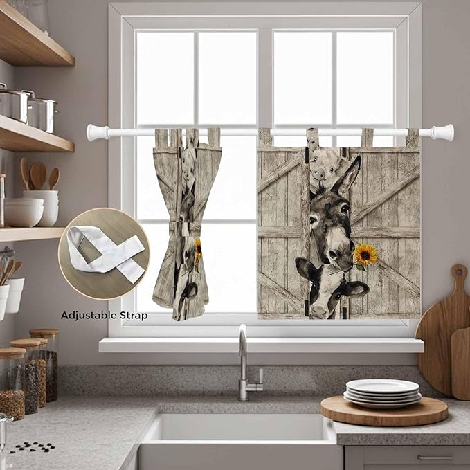 Funny Farm Animals Kitchen Curtains 36 Inch Length, Small Window Curtains Tab Top, Vintage Barn Brown Sunflowers Light Filtering Short Window Treatments Tier Drapes 27.5"x36" 2 Panel