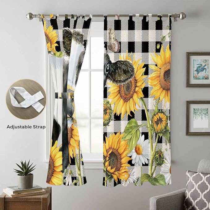 Retro Sunflowers Living Room Curtains 84 Inch Length, Window Curtains Tab Top, Farmhouse Floral Cow Butterfly Black Plaid Light Filtering Window Treatments Drapes 52"x84" 2 Panel