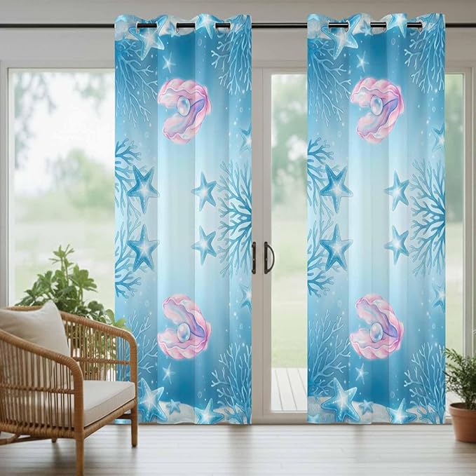 Ocean Shell Outdoor Curtains for Patio Corals Starfish Summer Marine Waterproof Outside Curtains with Grommet Top Weatherproof Curtain for Cabana Pergola Gazebo, 1 Panel, 54" W x 95" L
