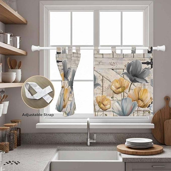 Spring Tulips Flower Kitchen Curtains 24 Inch Length, Small Window Curtains Tab Top, Vintage Floral Barn Doors Rustic Beige Light Filtering Short Window Treatments Tier Drapes 27.5"x24" 2 Panel