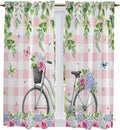 Spring Kitchen Curtains, Bicycles Leaves Butterfly Flowers Pink Buffalo Plaid Light Filtering Window Curtain Panels, 2Pcs Rod Pocket Window Treatments Set for Living Room Bathroom Bedroom 42x63 Inches