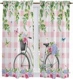 Spring Kitchen Curtains, Bicycles Leaves Butterfly Flowers Pink Buffalo Plaid Light Filtering Window Curtain Panels, 2Pcs Rod Pocket Window Treatments Set for Living Room Bathroom Bedroom 42x63 Inches