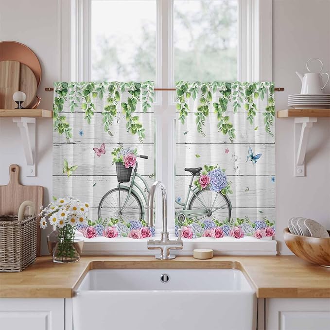 Spring Kitchen Curtains, Bicycles Botanical Rose Leaves Butterfly Wood Grain Light Filtering Window Curtain Panels, 2Pcs Rod Pocket Window Treatments Set for RV Dining Room Study Room 42x45 Inches