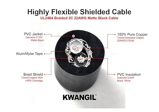 2C 22AWG AMSB Shielded Cable Wire (UL2464) - Highly Flexible Str TC, PVC Ins, OS+TC BRD, PVC JKT for CNC Machine, Stepper Motor, VFD Spindle (Matte Black 25FT)