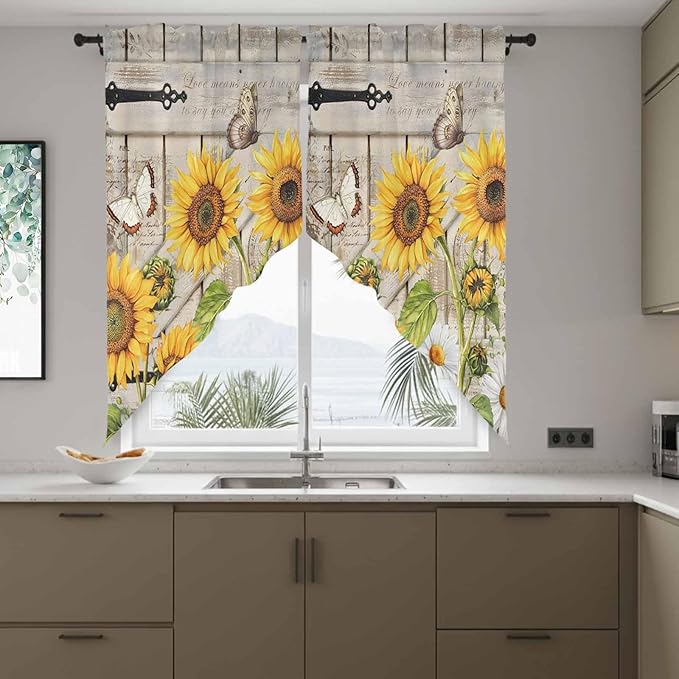 Farm Flowers Swag Valances for Windows, Retro Sunflowers Barn Doors Butterfly Wood Board Rod Pocket Kitchen Curtains Valance, Kitchen Window Curtains Swag for Cafe Living Room, 2 Panels, 36x63 inch