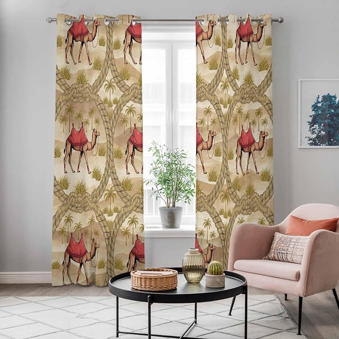 2 Panel Kitchen Cafe Curtains, Desert Camels Sunlight Filtering Nature Air Through, Home Decor Window Covering Tier Curtains for Living Room 104W x 90L inch Tropical Palm Trees Sand Cords Brown