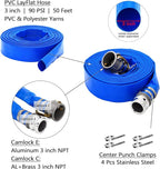 DAVCO 3" ID × 50 ft Pool Backwash Hose, Heavy Duty Reinforced Blue PVC Lay Flat Water Discharge Pump Hoses For Swimming Drain Pools and Clean Filters, with Aluminum Camlock C and E Fittings