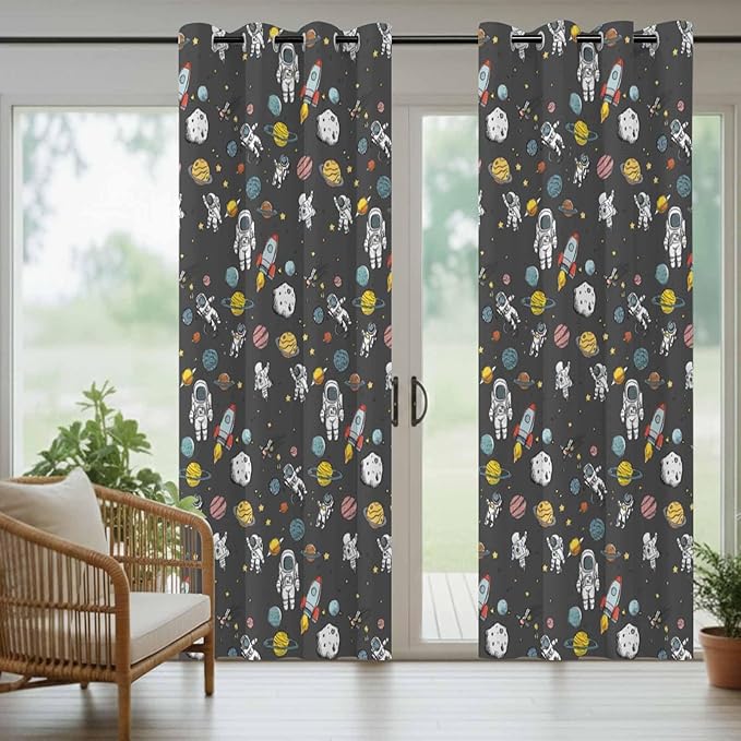 Cartoon Space Outdoor Curtains for Patio Rockets Planets Astronauts Gray Waterproof Outside Curtains with Grommet Top Weatherproof Curtain for Cabana Pergola Gazebo, 1 Panel, 54" W x 108" L