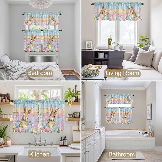 Kitchen Curtains Tiers and Valance Set of 3, Easter Light Filtering Window Curtain Set, Spring Rabbit Eggs Floral Colorful Wooden Grain Rod Pocket Curtain Drapes for Cafe, Living Room, 24 Inches Tiers