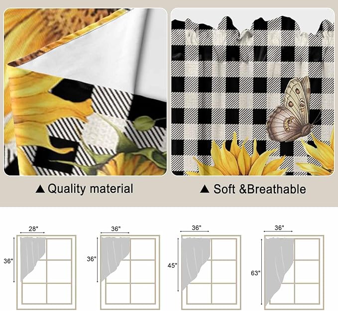 Sunflowers Swag Valances for Windows, Yellow Flowers Butterfly Farmhouse Black Plaid Rod Pocket Kitchen Curtains Valance, Small Window Curtains Swag for Cafe Bathroom Living Room, 2 Panels, 28x36 inch
