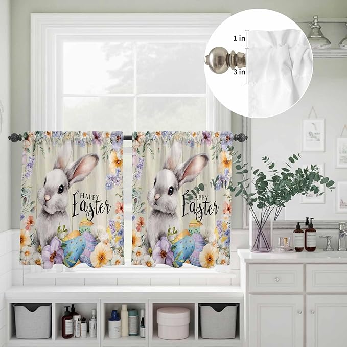 Easter Grey Bunny Kitchen Curtains Set 3 Piece for Windows,Rod Pocket Valance and Tier Set 36 Inch Length,Spring Colorful Eggs Flower Wooden Grain Light Filtering Cafe Curtains for Living Room