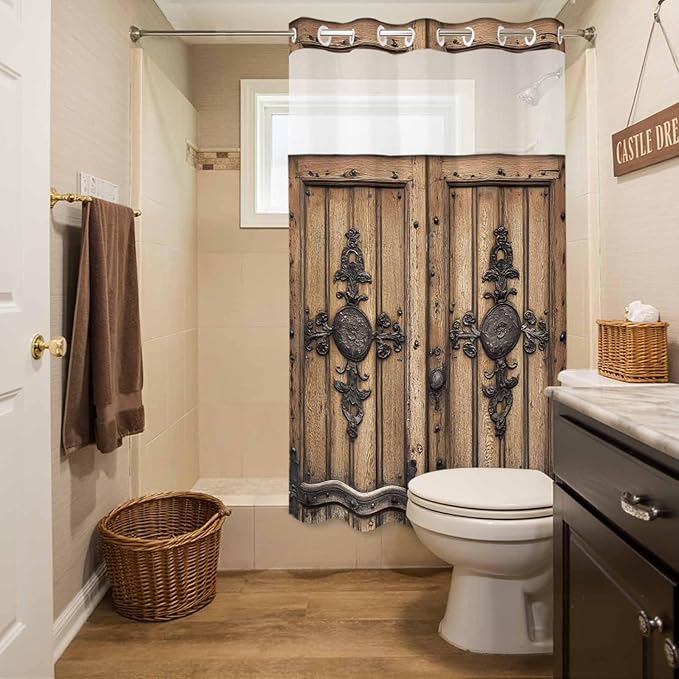 Wood Barn Door No Hook Shower Curtain with Snap in Liner Set, Waterproof Shower Curtains for Bathroom, Wooden Plank Fabric Shower Curtain, See Through Mesh Top Window, 36" W x 72" L