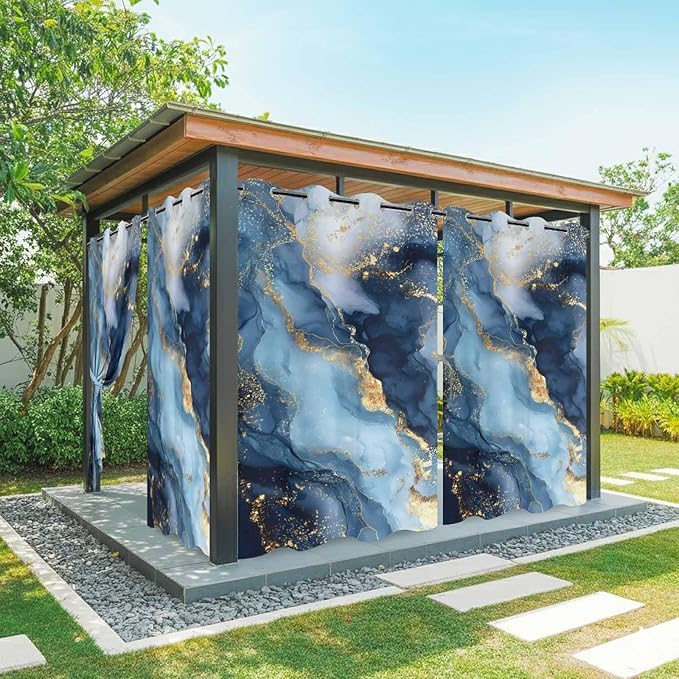 Marble Texture Outdoor Curtains for Patio Abstract Gradient Blue Golden Gorgeous Waterproof Outside Curtains with Grommet Top Weatherproof Curtain for Cabana Pergola Gazebo, 1 Panel, 54" W x 108" L