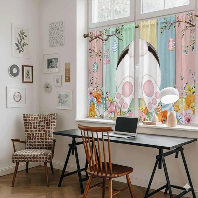 Easter Kitchen Curtains 54 Inch Long 2 Panel Set, Rod Pocket Window Curtains Panels, Spring Colorful Bunny Eggs Flower Wood Grain Light Filtering Drapery Draperies for Bathroom Bedroom 52"W x 54"L
