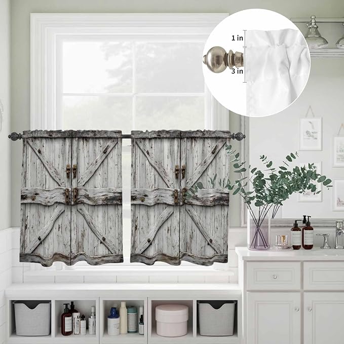 Kitchen Curtains Tiers and Valance Set of 3, Vintage Gate Light Filtering Window Curtain Set, Farmhouse Wooden Grain Shabby Chic Door Rod Pocket Curtain Drapes for Cafe, Living Room, 24 Inches Tiers