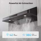 36 inch Black Undercabinet Range Hood, 980CFM Kitchen Range Hood with 3-Speeds Gesture Sensing & Touch, Stainless Steel Kitchen Vent Hood with Permanent Baffle Filters, Top and Rear Vents