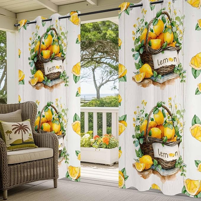 Lemon Outdoor Curtains for Patio Lemons Baskets Summer Tropical Plant Wood Waterproof Outside Curtains with Grommet Top Weatherproof Curtain for Cabana Pergola Gazebo, 2 Pack, 54" W x 108" L