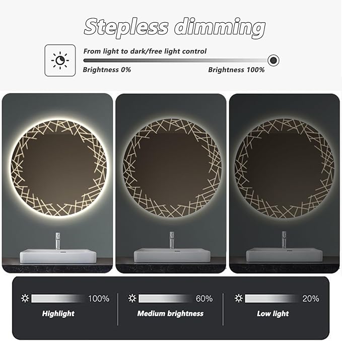 Bathroom Mirror with LED Lights, Wall Mirror with Touch Sensor, Round Mirror with Demister Pad, 3 Light Modes, for Living Room and Bathroom(A,50cm/19.7in)