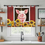 Pigs Sunflowers Bedroom Curtains 63 Inch Length, Window Curtains Tab Top, Farmhouse Red Barn Flowers Animals Light Filtering Window Treatments Drapes 42"x63" 2 Panel