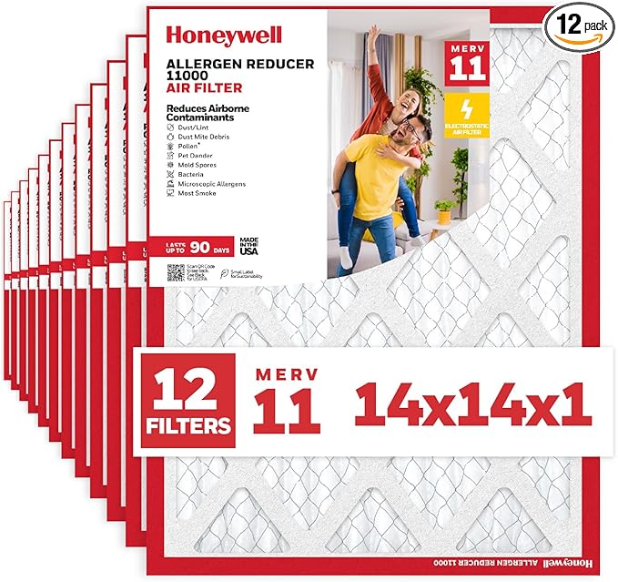 Honeywell 14x14x1 MERV 11 Allergen Reducer 11000 Electrostatic Pleated HVAC AC Furnace Air Filter (12-Pack) | Replacement Filter for Home Use | Made in USA